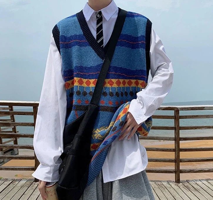 Tatiana Haven Men’s Printed Knit Sweater Vest – V-Neck Casual Korean-Style Fashion Waistcoat for Autumn & Winter