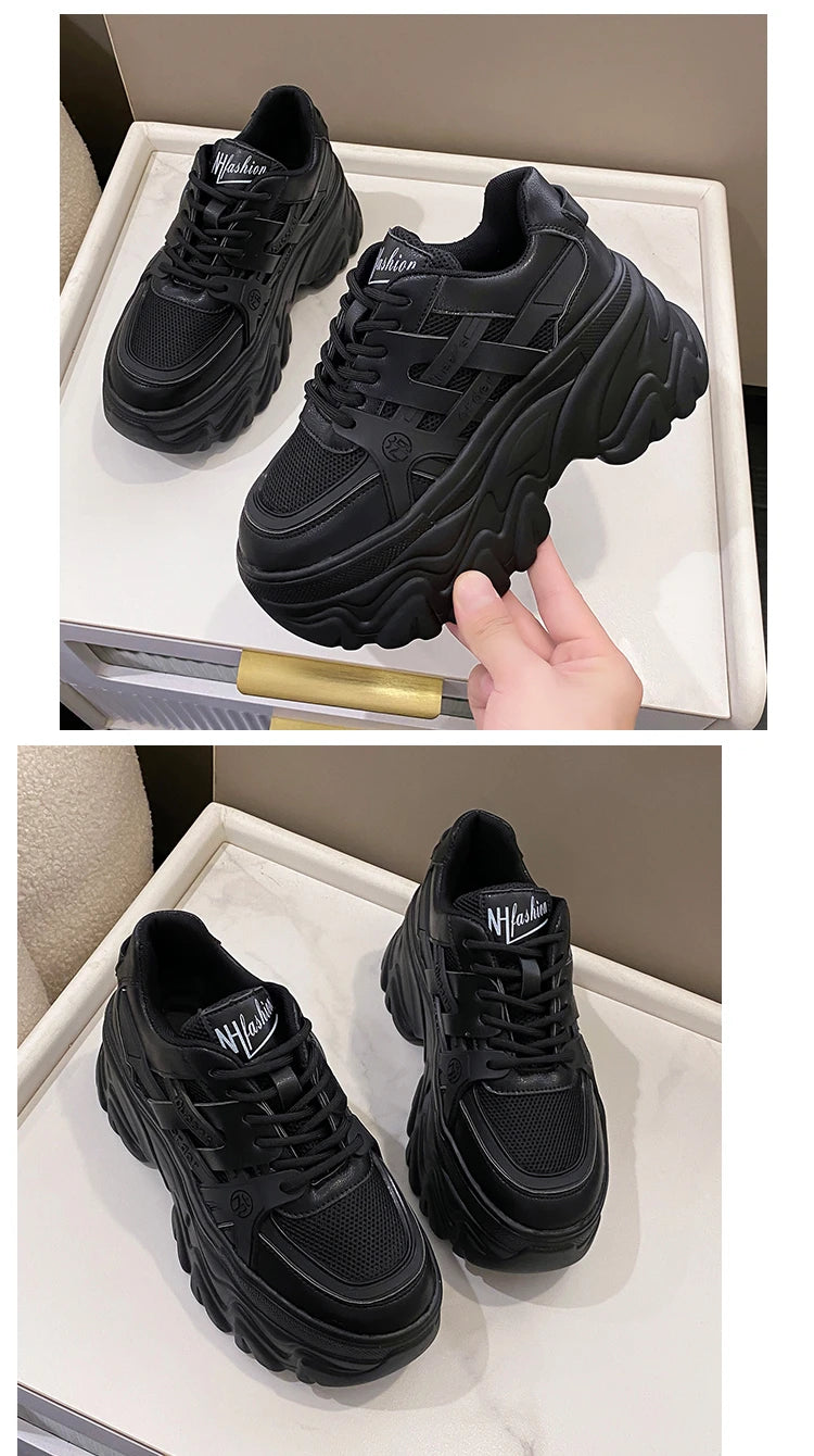 White Chunky Sneakers Women New 2025 Autumn Hidden Heel Platform Sports Dad Shoes Woman Lace Up Breathable Mesh Casual Shoes 8CM