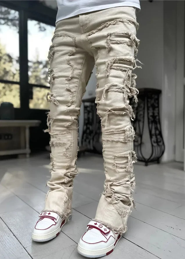 Men’s Stacked Ripped Jeans – Slim Fit Distressed Straight Denim Pants, Hip Hop Streetwear Style