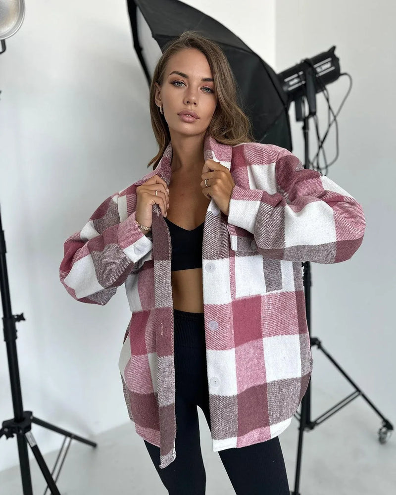 Women’s Flannel Plaid Shirt Jacket – Long Sleeve Lapel Button-Down Shacket for Autumn