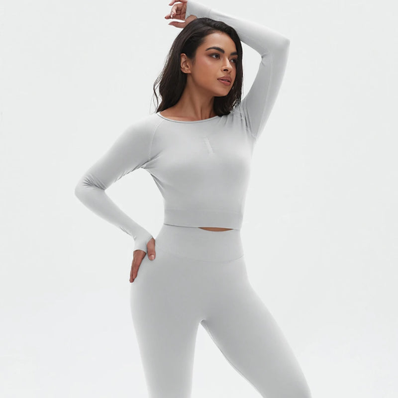 Seamless Two Piece Sets Womens Outifits Long Sleeve Gym Fitess Sport Set Yoga Leggings Matching Sets Exercise Tracksuits Female