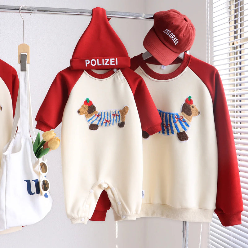Funny Red Sweatshirts for The Whole Family Matching Clothes Father Mother and Son Daughter Cute Dog Print Tops Newborn Bodysuit