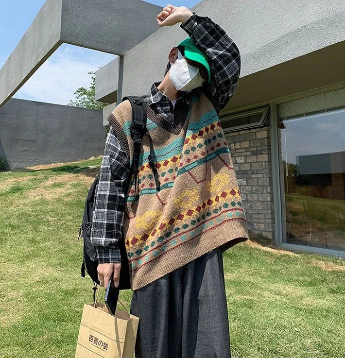 Tatiana Haven Men’s Printed Knit Sweater Vest – V-Neck Casual Korean-Style Fashion Waistcoat for Autumn & Winter