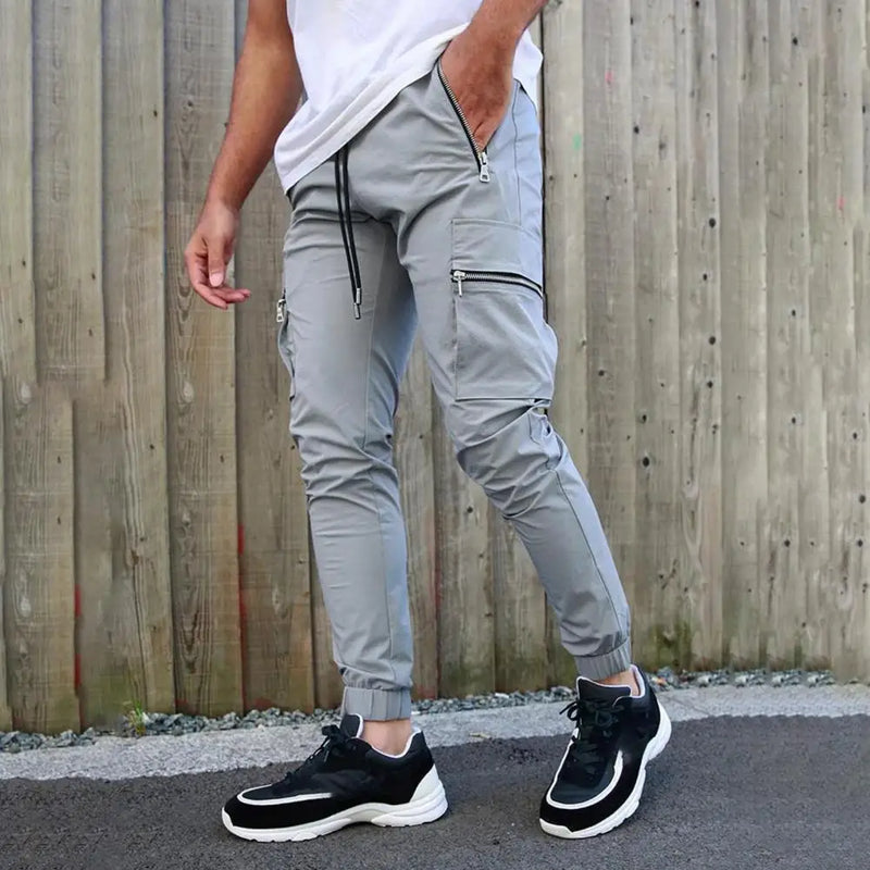 Mens Cargo Pants Zipper Pockets Jogger Running Hip Hop Streetwear Slim Sport Trousers Male Training Workout Fitness Sweatpants