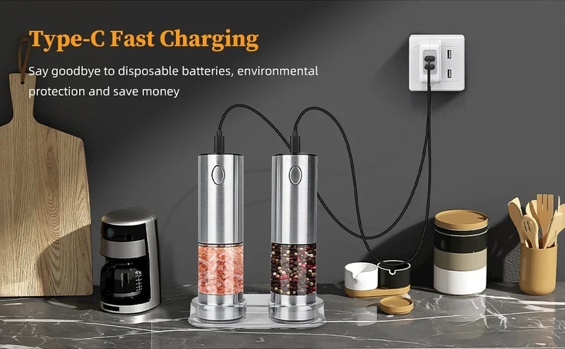 Electric Salt and Pepper Grinder Set – USB Rechargeable Adjustable Coarseness Mills with LED Light