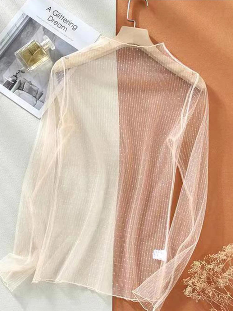 Transparent Mesh Ladies Tops Sexy Women O Neck Turtleneck Mesh T-Shirts Sheer Blouses For WomenLong Sleeve Shirt Crop Top