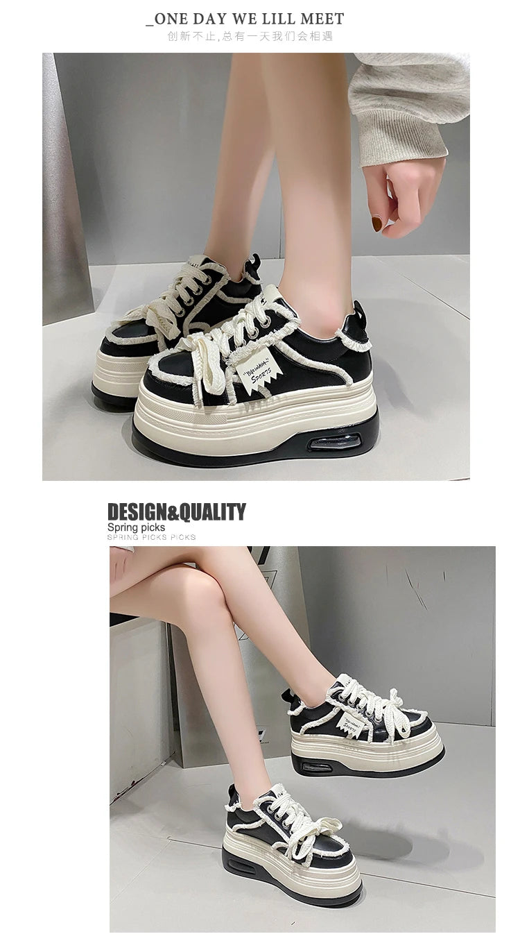 Fashion Chunky Sneakers Women Autumn Lace Up Platform Sports Shoes 8CM Thick Bottom High Heels Female Leather Sneakers Woman
