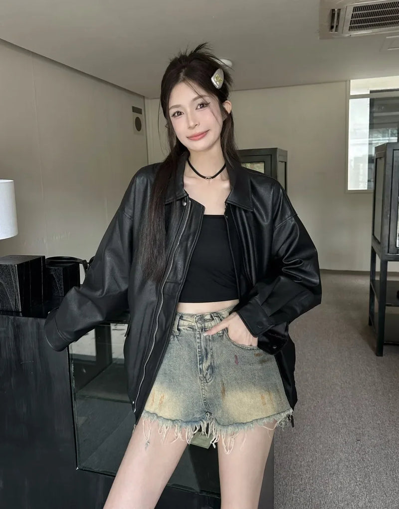 American Retro Solid Pu Jackets Women Autumn Sweet Cool Tops PU Baggy Cozy Turn-down Collar Zipper Fashion Stylish Temperament