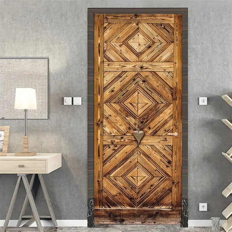 Wooden Door Mural Decal Sticker Peel and Stick Removable Self-Adhesive Brown Wood Grain Red Brick Door Wallpaper for Home Decor