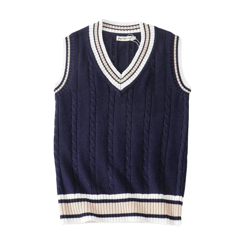 Men’s Thick Knit Sweater Vest – Striped V-Neck Sleeveless Pullover, Retro Preppy Casual Style