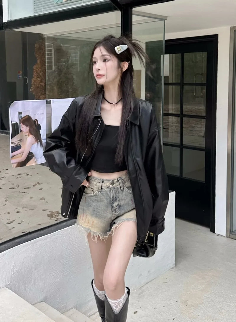 American Retro Solid Pu Jackets Women Autumn Sweet Cool Tops PU Baggy Cozy Turn-down Collar Zipper Fashion Stylish Temperament