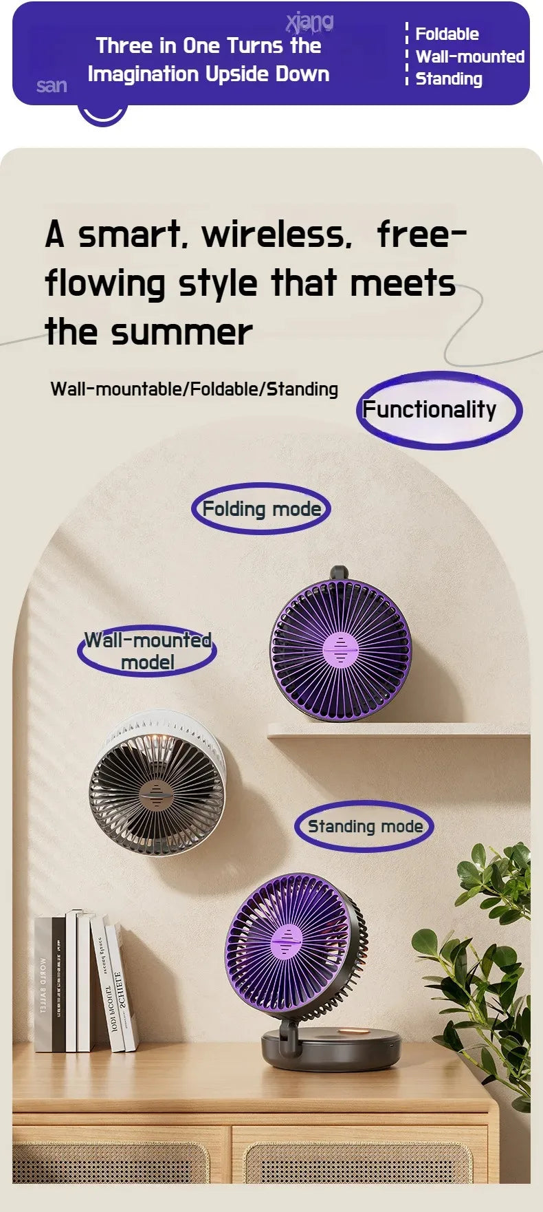 Foldable Desktop Fan Mini  Wall-Mounted Fan With Warm Night Light Rechargeable 4 Gears Adjustable Portable Air Circulation Fan