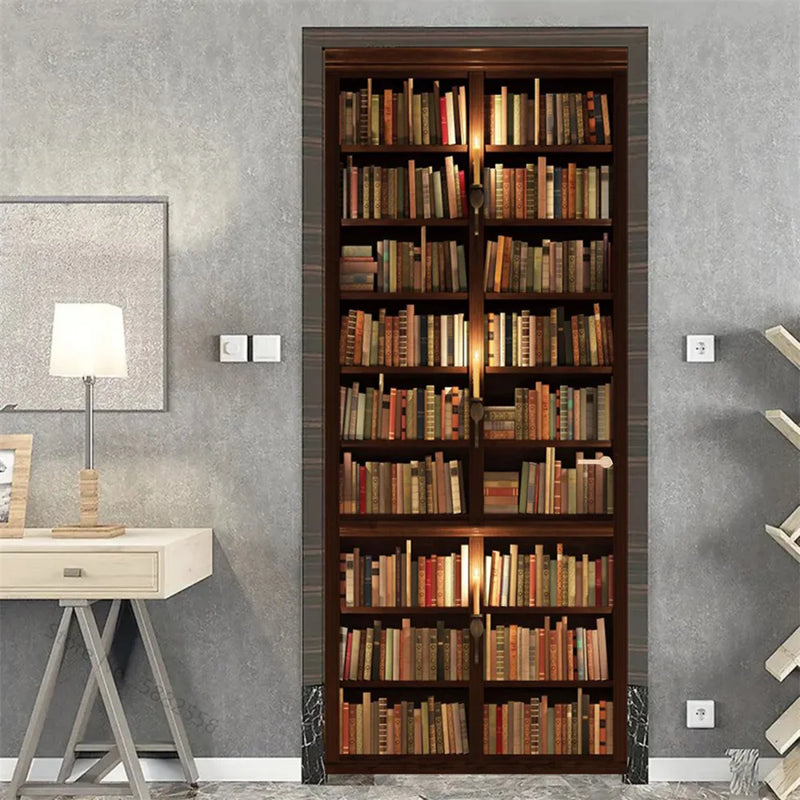 Wooden Door Mural Decal Sticker Peel and Stick Removable Self-Adhesive Brown Wood Grain Red Brick Door Wallpaper for Home Decor