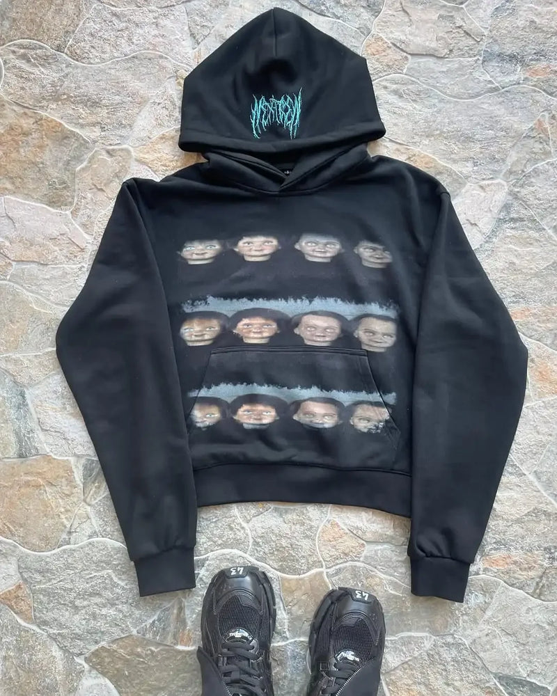 Y2K retro pattern printed sweatshirt for men fashion hip hop black street clothing neutral clothing loose men and women hoodies