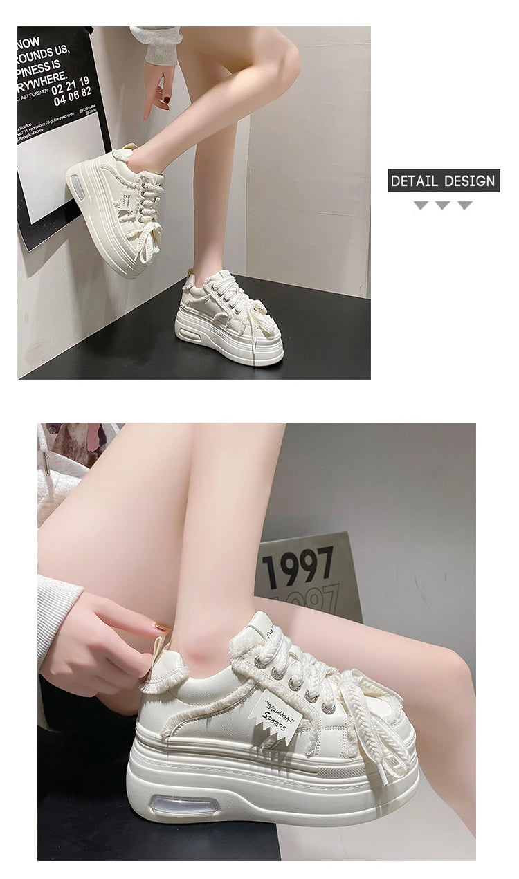 Fashion Chunky Sneakers Women Autumn Lace Up Platform Sports Shoes 8CM Thick Bottom High Heels Female Leather Sneakers Woman