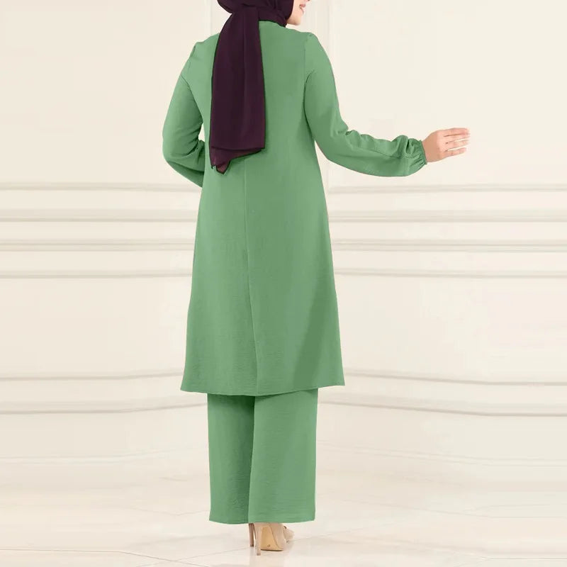 Casual Muslim Dress for Women Blouse 2 Piece Set Long Sleeve Shirt Wide Leg Pant Suits Saudi Arabic Dubai Dresses Autumn 2023