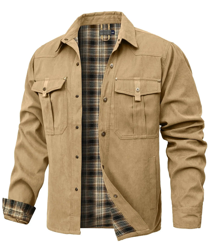 Men’s Flannel-Lined Shirt Jacket – Casual Snap Button Overshirt for Spring & Autumn