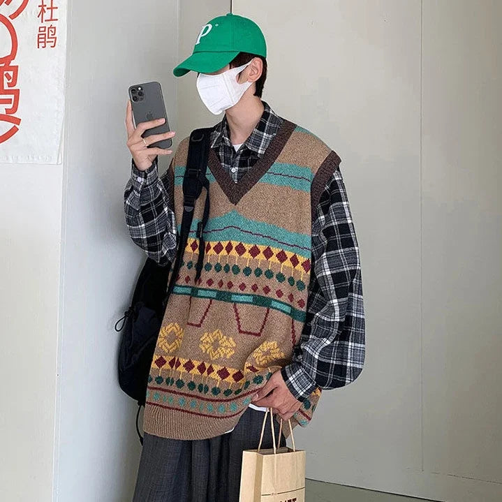 Tatiana Haven Men’s Printed Knit Sweater Vest – V-Neck Casual Korean-Style Fashion Waistcoat for Autumn & Winter