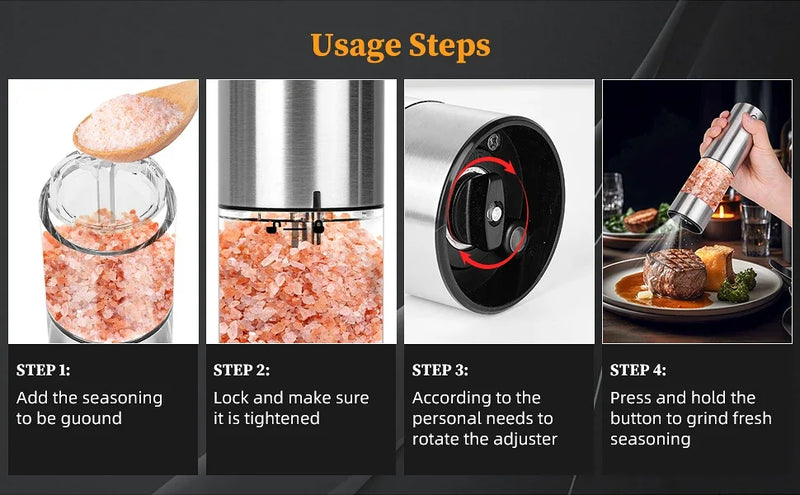 Electric Salt and Pepper Grinder Set – USB Rechargeable Adjustable Coarseness Mills with LED Light