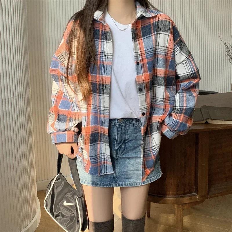 Women’s Oversized Flannel Plaid Shirt – Long Sleeve Button-Down Check Shacket for Autumn & Winter