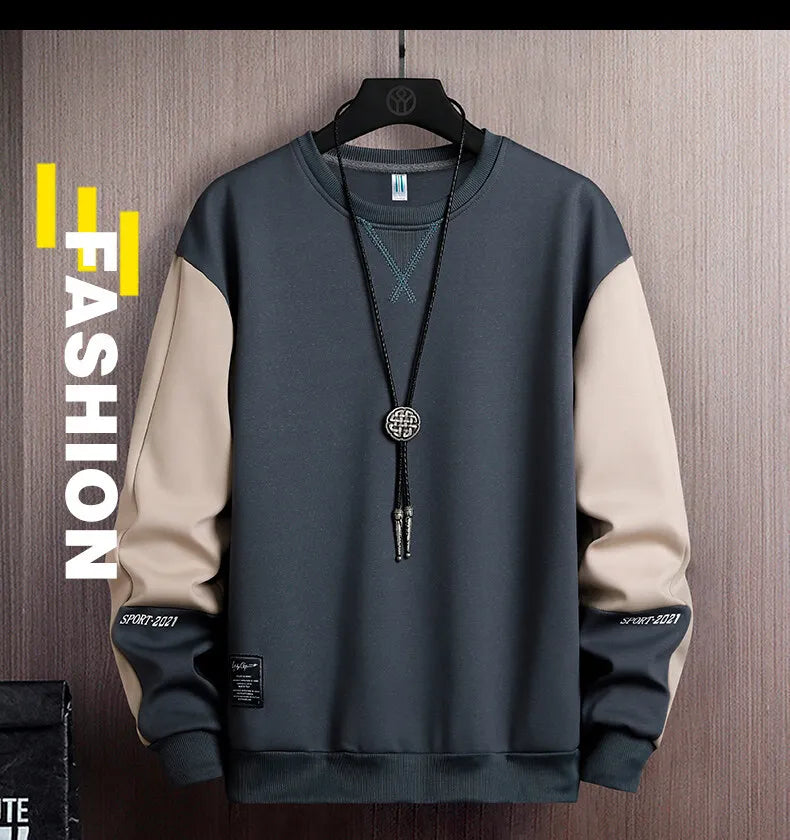 Men’s Casual Round Neck Sweatshirt – Loose Fit Patchwork Pullover for Spring and Autumn (M–5XL)
