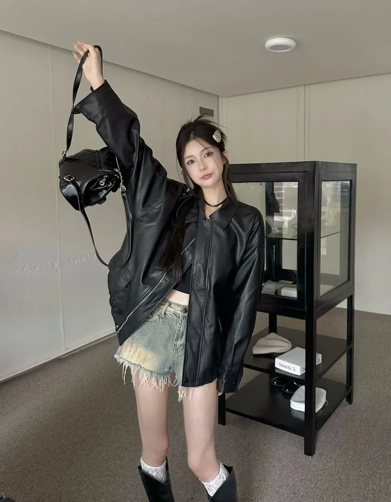 American Retro Solid Pu Jackets Women Autumn Sweet Cool Tops PU Baggy Cozy Turn-down Collar Zipper Fashion Stylish Temperament