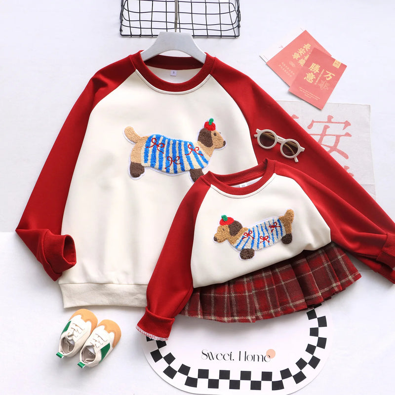 Funny Red Sweatshirts for The Whole Family Matching Clothes Father Mother and Son Daughter Cute Dog Print Tops Newborn Bodysuit
