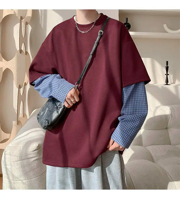 Fashion Oversized Solid Color Fake Two-Piece Hoodie with Checkered Sleeves Trendy Plus Size Pullover for Men and Women Autumn