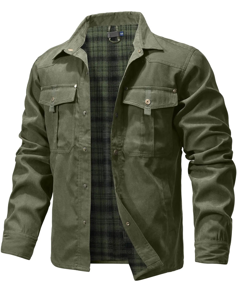 Men’s Flannel-Lined Shirt Jacket – Casual Snap Button Overshirt for Spring & Autumn