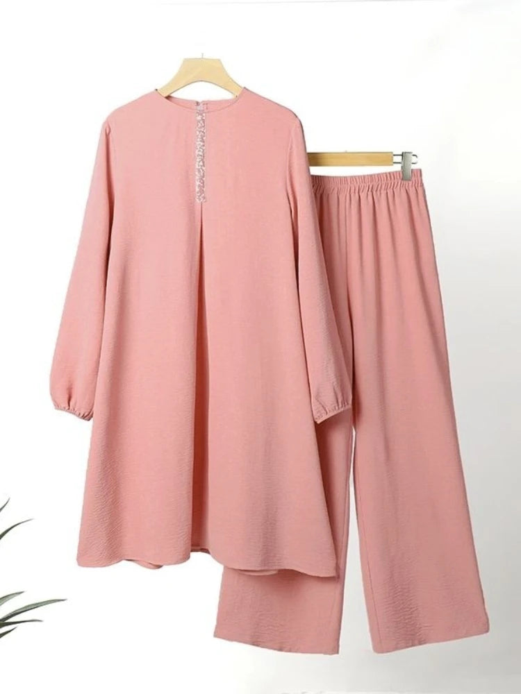 Casual Muslim Dress for Women Blouse 2 Piece Set Long Sleeve Shirt Wide Leg Pant Suits Saudi Arabic Dubai Dresses Autumn 2023