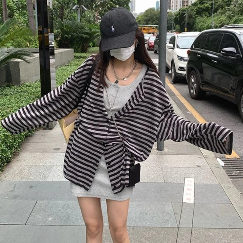 Sweatshirts Women Striped Chic Loose All-match Design Summer Simple Daily Retro Students Tender Sun-proof Classic Korean Style
