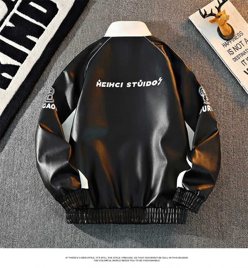 Mens Leather Moto Jacket  Stand Collar Edgy Racing Style Utility Work Coat  Unisex Hong Kong Trend Ins Fashion for Spring Autumn