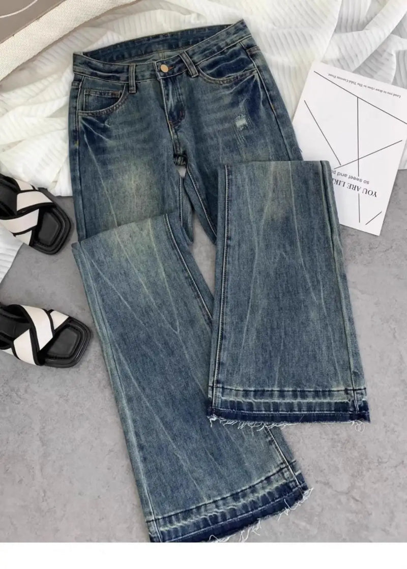 American retro low-waisted jeans female autumn new embroidery old casual fashion temperament slim Joker bell bottoms.