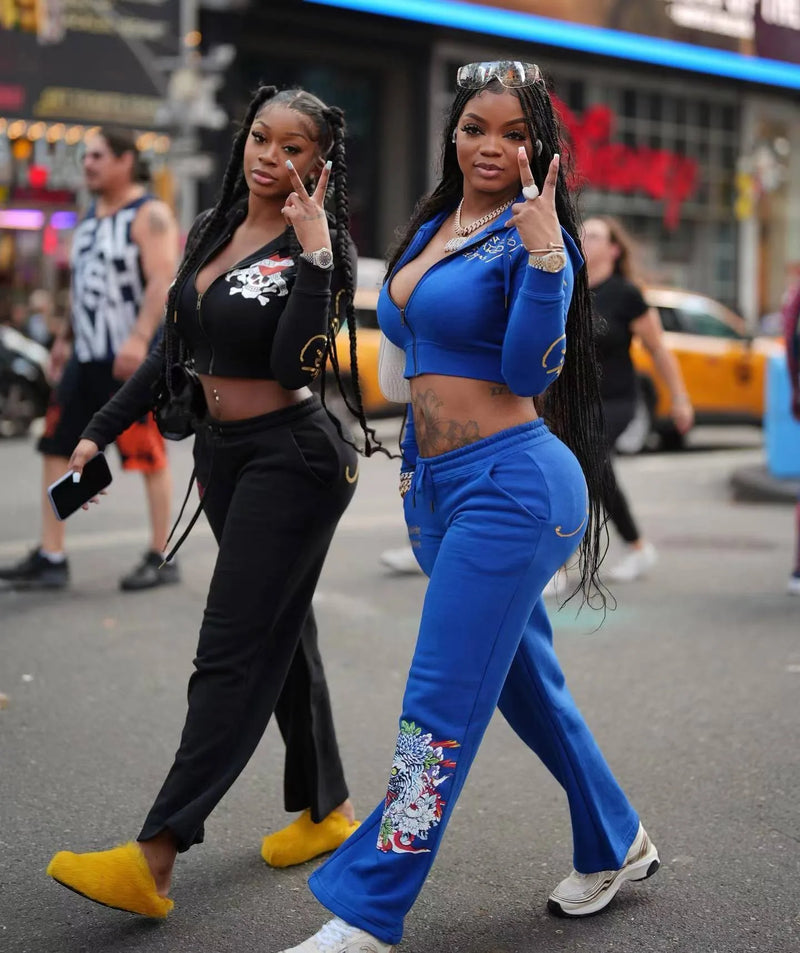 Y2k Zipper Tracksuit Women Black Print Hoodie Sweatpant Winter Blue Bodycon 2 Two Piece Outfits Pants Matching Sets Sweatshirt