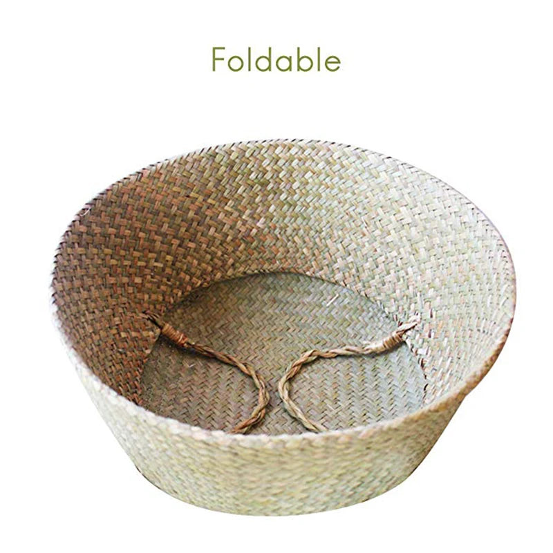 Woven Storage Basket Natural Seagrass Handmade Folding Clthoes Laundry Basket Straw Wicker Rattan Storage Flower Pot Beach Bag