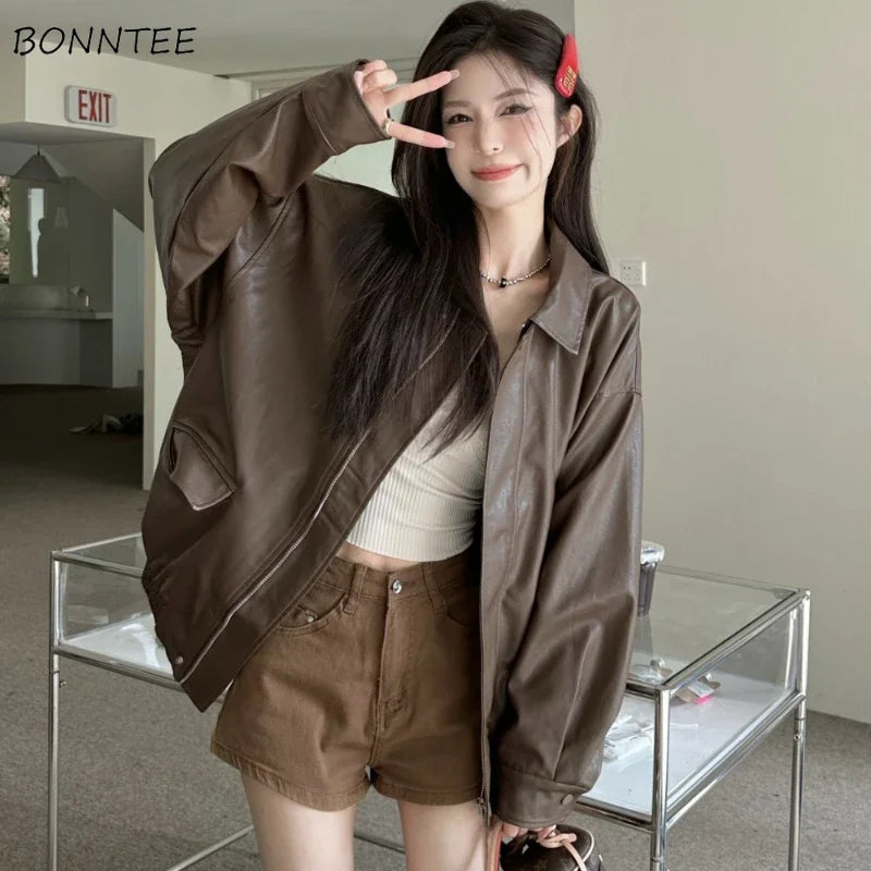 American Retro Solid Pu Jackets Women Autumn Sweet Cool Tops PU Baggy Cozy Turn-down Collar Zipper Fashion Stylish Temperament