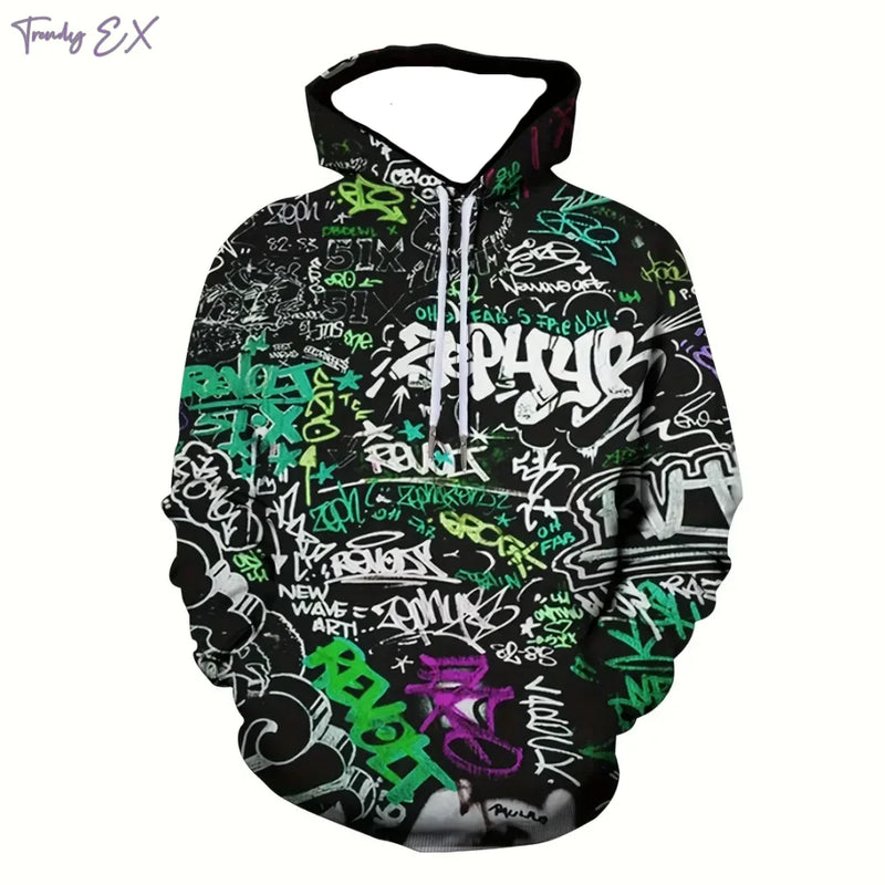 Men’s Oversized Graffiti Print Hoodie – Casual Streetwear Pullover Sweatshirt with Kangaroo Pocket