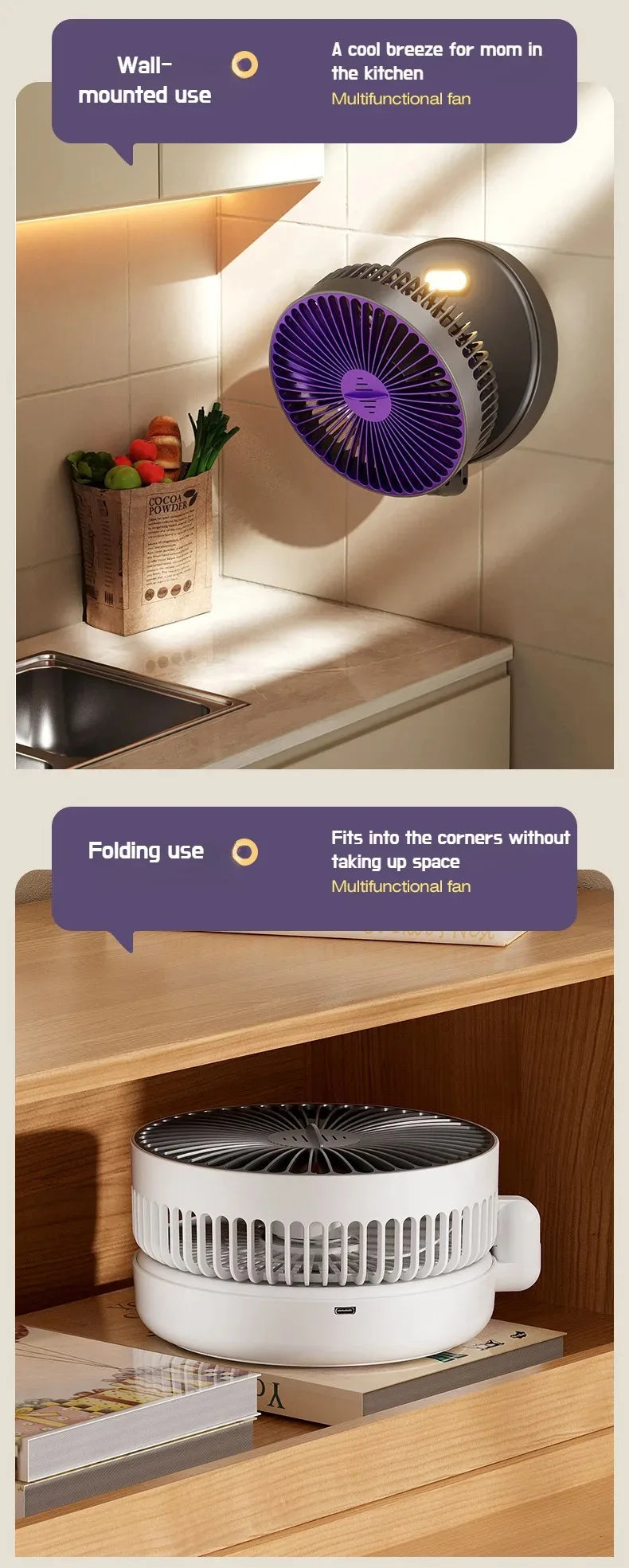 Foldable Desktop Fan Mini  Wall-Mounted Fan With Warm Night Light Rechargeable 4 Gears Adjustable Portable Air Circulation Fan