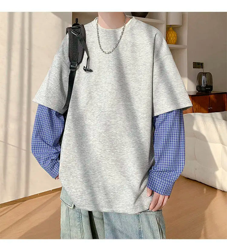 Fashion Oversized Solid Color Fake Two-Piece Hoodie with Checkered Sleeves Trendy Plus Size Pullover for Men and Women Autumn