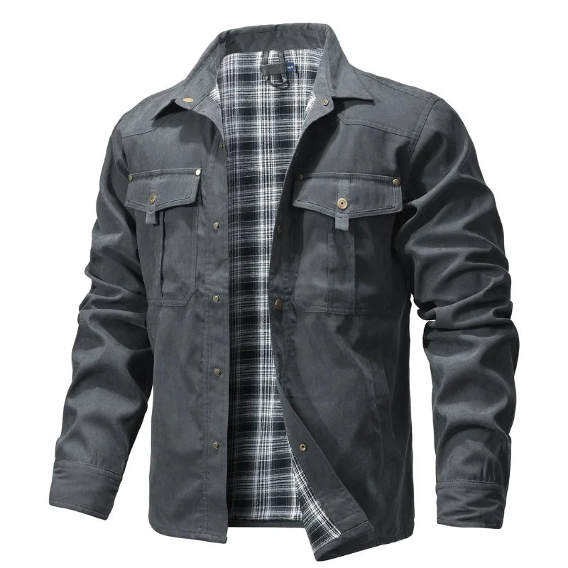Men’s Flannel-Lined Shirt Jacket – Casual Snap Button Overshirt for Spring & Autumn