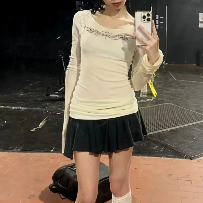 Y2k Gothic Print T-shirt Trashy 2000s Style Long Sleeve Tops Vintage Harajuku Streetwear American Retro T-shirts