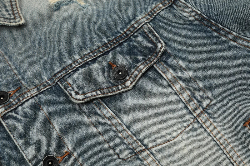 European American High Street Trend Kanye West Denim Jacket Heavyweight Washed Do Old Pleated Ripped Denim Outerwear