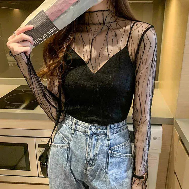 Lace Sheer Women‘s T-Shirt Fashion Mesh Summer Thin Bottom Shirt Transparent Long Sleeve Blouses Ladies Tops High Neck Tee Soli