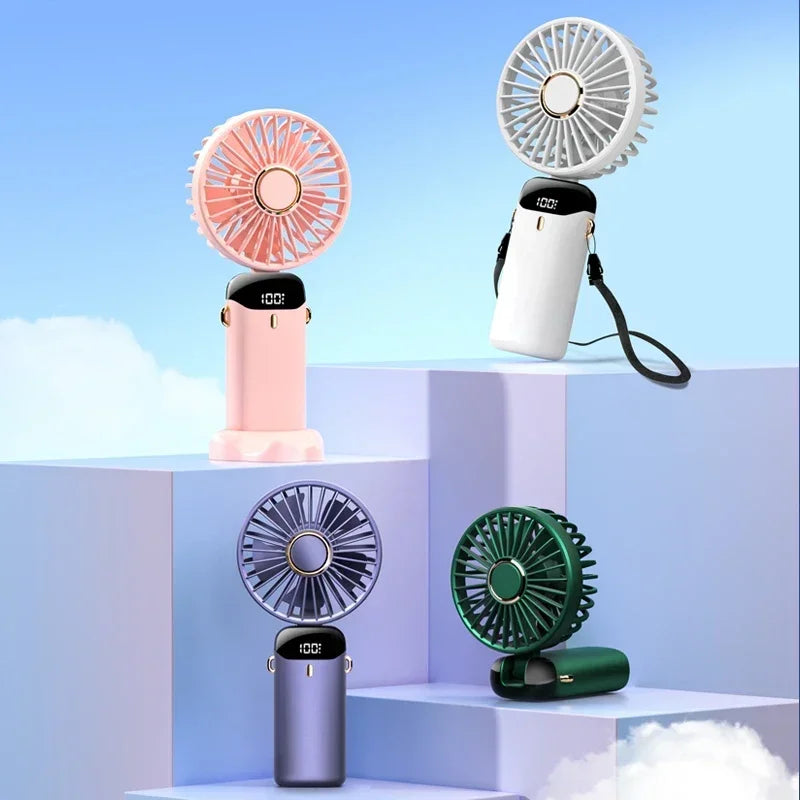 Handheld Mini Fan 3000mAh Foldable Portable Neck Hanging Fans 5 Speed USB Rechargeable Fan with Phone Stand and Display Screen