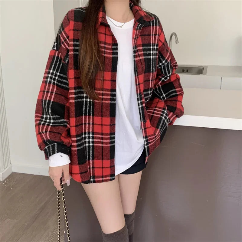 Women’s Oversized Flannel Plaid Shirt – Long Sleeve Button-Down Check Shacket for Autumn & Winter