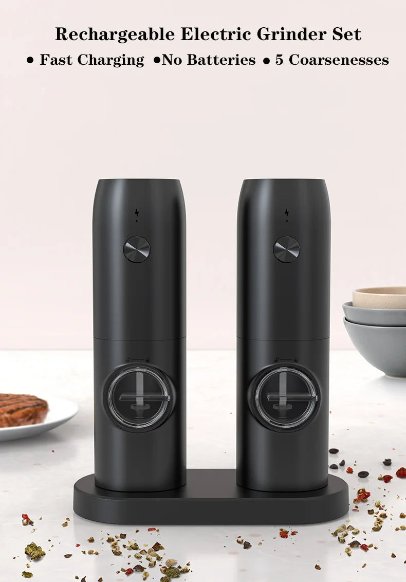 Electric Salt and Pepper Grinder Set with Charging Base and LED Light Adjustable Coarseness Automatic Spice Herb Mill