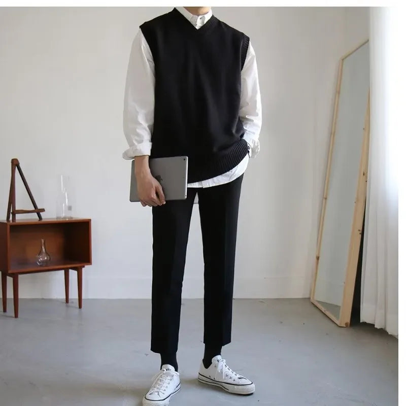 Tatiana Haven Men’s Simple Knit Sweater Vest – Solid V-Neck Sleeveless Top, Korean Casual Style, Plus Size M–3XL