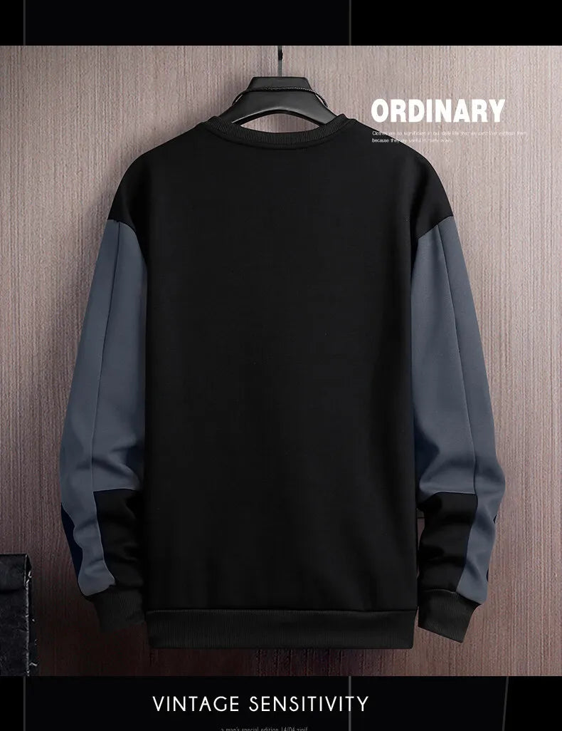 Men’s Casual Round Neck Sweatshirt – Loose Fit Patchwork Pullover for Spring and Autumn (M–5XL)