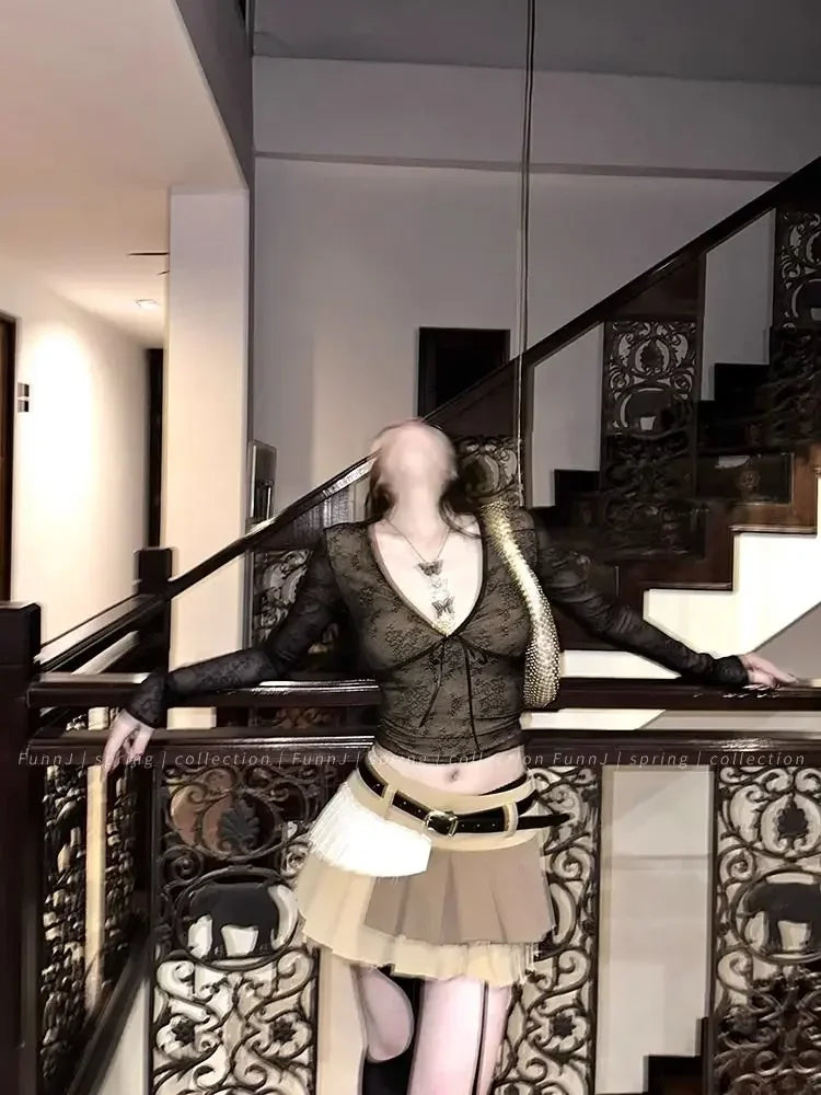 Coquette Aesthetic Mesh T Shirts Women Vintage V Neck Lace Bow Cropped Tops Y2k Sexy Slim Fit Long Sleeve Tee Shirts