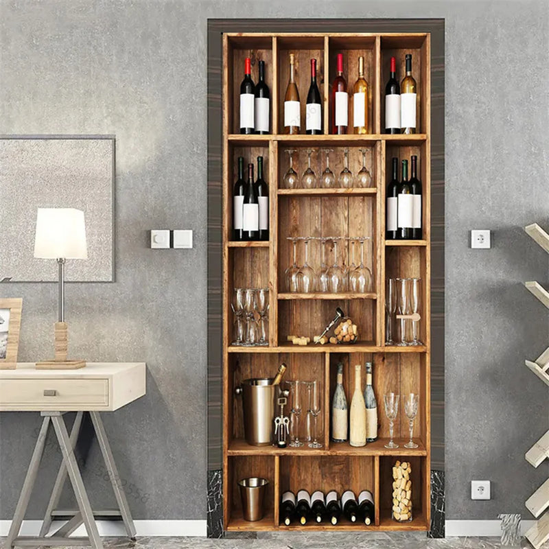 Wooden Door Mural Decal Sticker Peel and Stick Removable Self-Adhesive Brown Wood Grain Red Brick Door Wallpaper for Home Decor